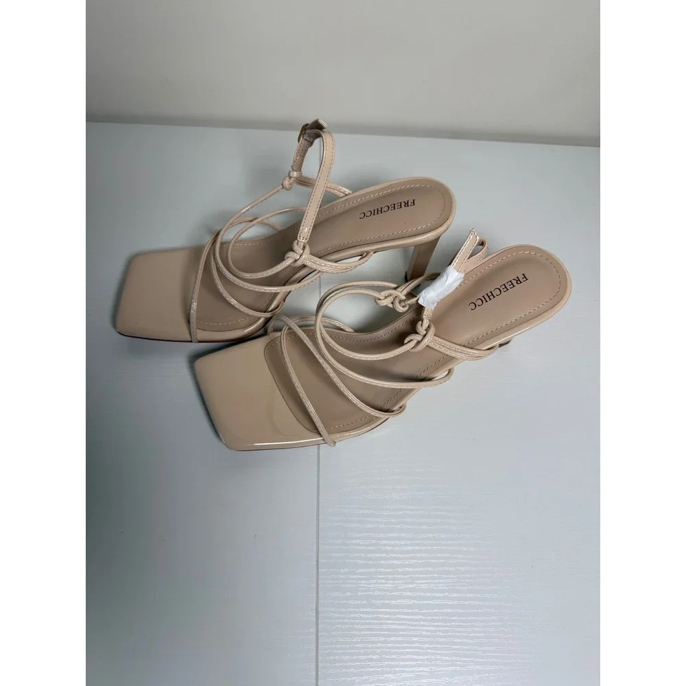 Freechicc Nude Beige Strappy Square Toe Heeled Sandals Size 9 Patent Knotted